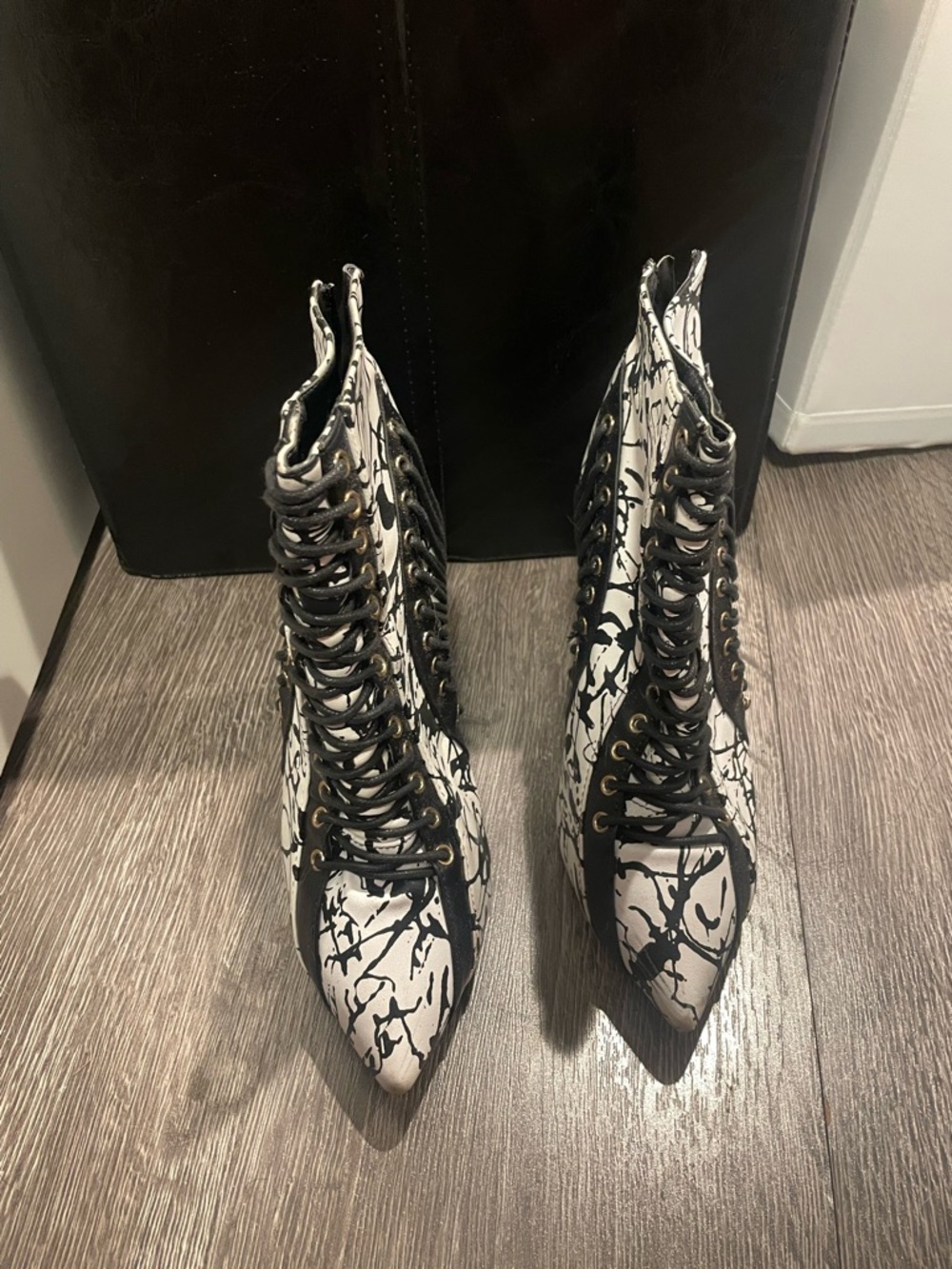 Black & White Lace-Up Pointed Ankle Boots